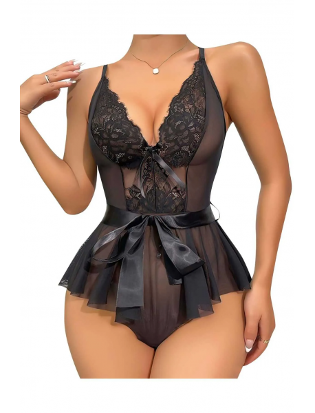BABYDOLL MODELLİ KISA TRANSPARAN DANTEL DETAYLI FANTEZİ TÜL GECELİK