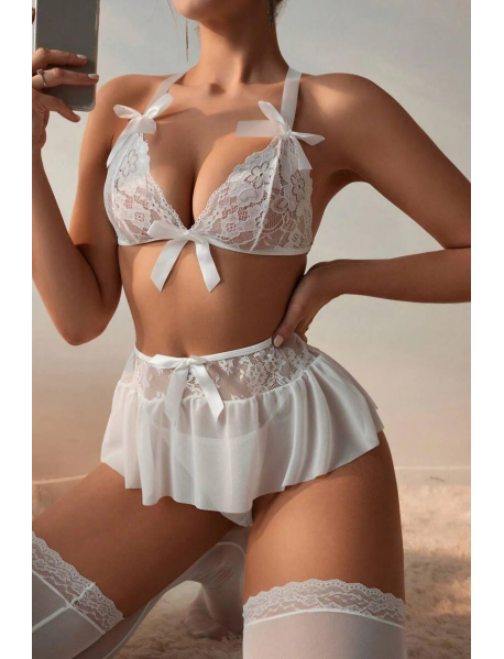 Beyaz Yüksek Bel Etekli Babydoll